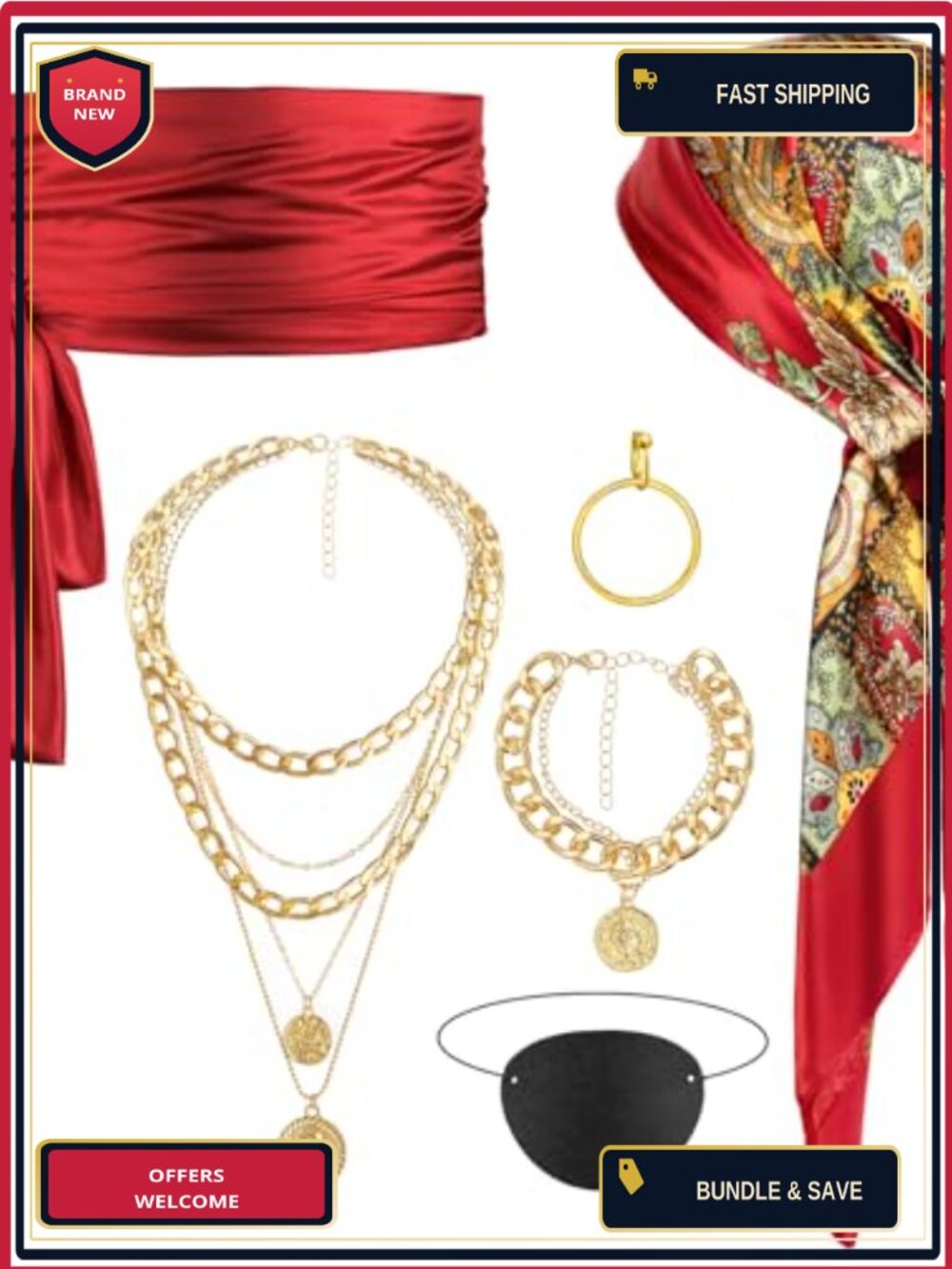 6PC Pirate Costume Accessory Set Head Scarf Sash Necklace Adult Cosplay